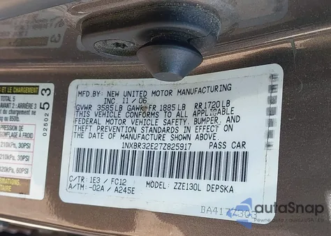 2007 Toyota Corolla Ce/Le/S from USA, damaged, VIN 1NXBR32E27Z825917